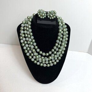 Vtg Sugar Bead Necklace Earring Set Pale Green 5 Strand 17” Japan 50s Housewife